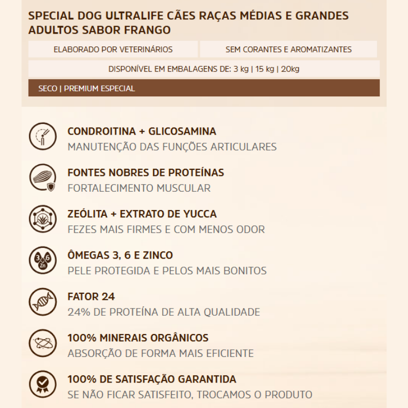 Ração Special Dog Ultralife para Cães Adultos Raças Médias e Grandes Sabor Frango 2 Ração Special Dog Ultralife para Cães Adultos Raças Médias e Grandes Sabor Frango – detalhes | Barracão do Adubo