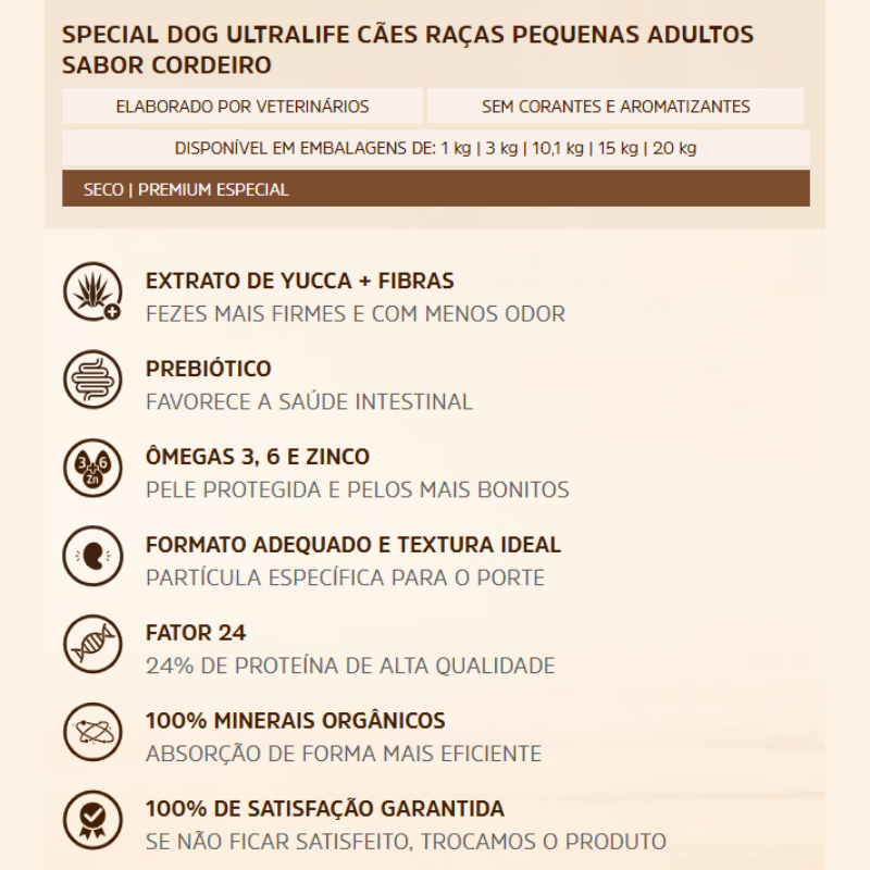 Ração Special Dog Ultralife para Cães Adultos Raças Pequenas Sabor Cordeiro 2 Ração Special Dog Ultralife para Cães Adultos Raças Pequenas Sabor Cordeiro – detalhes | Barracão do Adubo