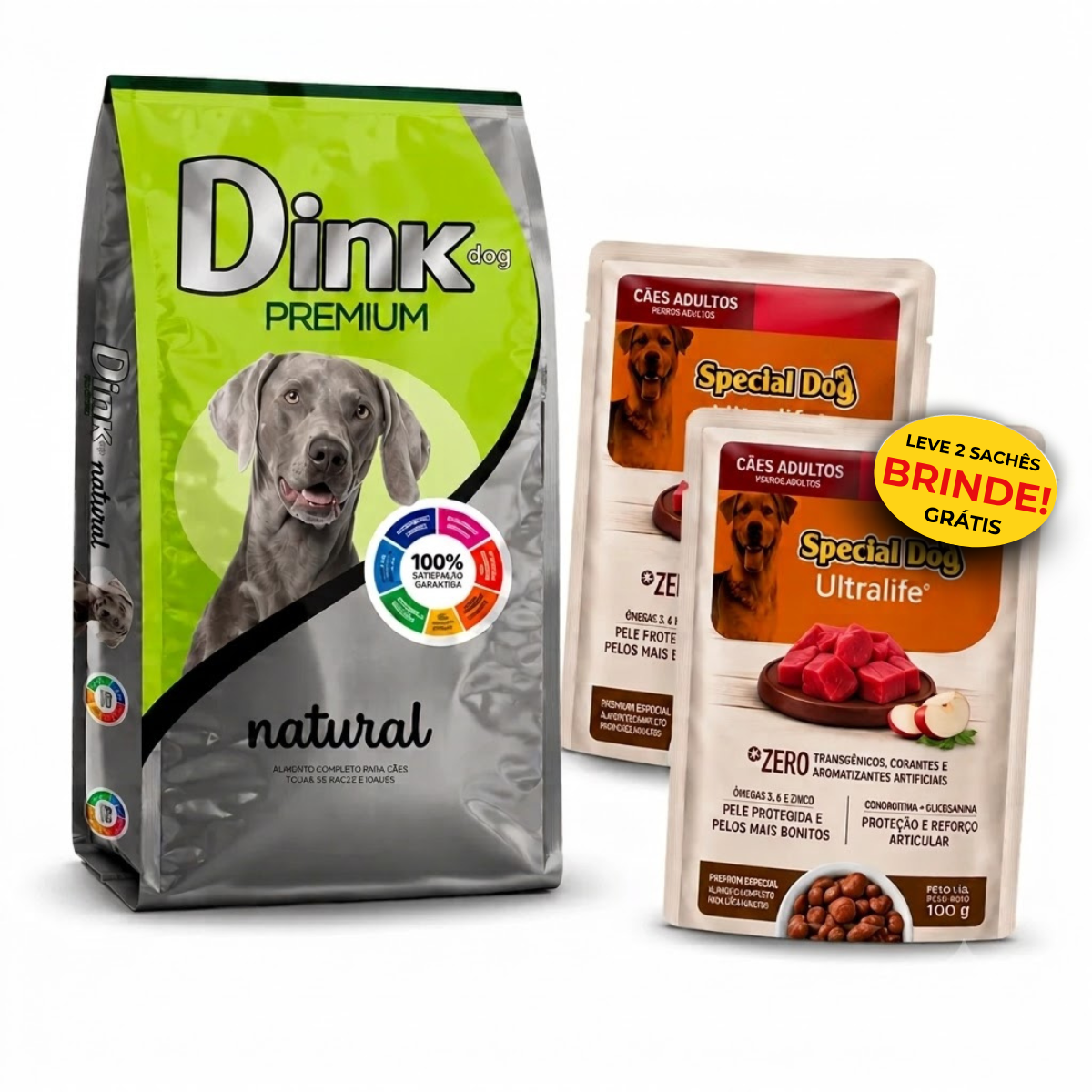Promoção Ração Dink Dog Premium Natural Cães Adultos Sabor Carne + 2 Sachês Brinde 1 Promoção Ração Dink Dog Premium Natural Cães Adultos Sabor Carne + 2 Sachês Brinde