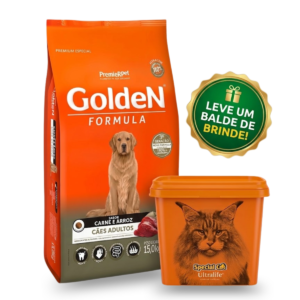 Ração Golden Fórmula para Cães Adultos Sabor Carne e Arroz – Pague 14 kg Leve 15 kg - Balde de Brinde